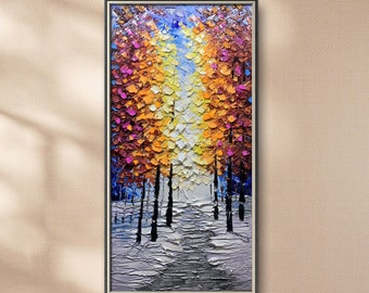 Contemporary Abstract Forest , palette knife painting Vibrant Rainbow Forest Painting Tall Narrow Vertical Canvas Custom Nature Painting