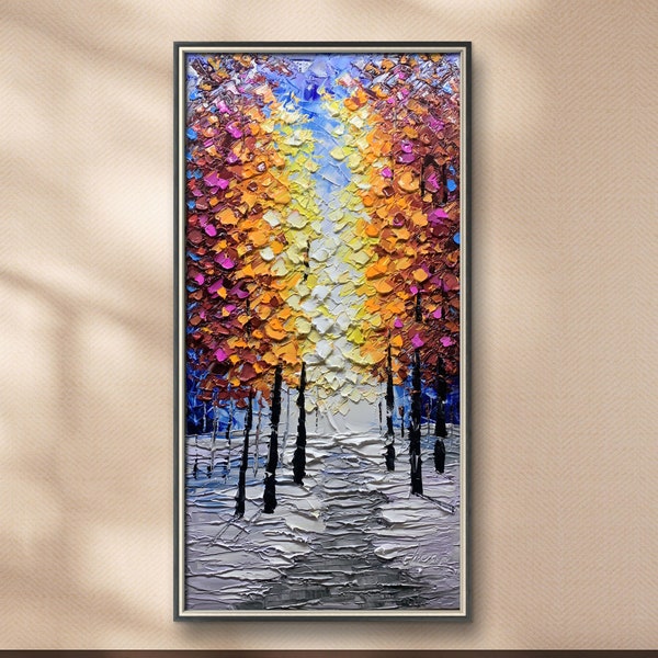 Peinture abstraite sur arbre, belles couleurs, texture épaisse, art original contemporain, peinture au couteau, grande toile verticale étroite