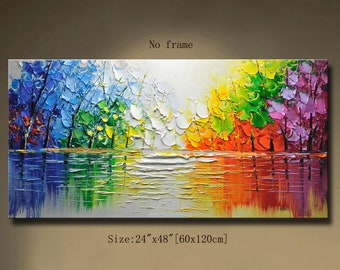 Large Original Oil Painting On Canvas,Landscape Colorful Forest Painting,Living Room Wall Art,Hand-painted Heavy Textured Impasto Painting