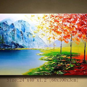 Textured Impasto Tree Painting: Abstract Mountain Lake Canvas Art