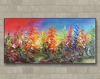 Modern Wildflower Wall Art,Abstract Heavy Textured Impasto Painting Living Room Wall Art Decor Large Wall Art