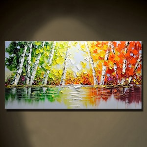 Large Hand Painted Birch Tree Oil Painting Original Forest Living Room Painting Green  Landscape  Birch Trees Wall Decor Abstract Wall Art
