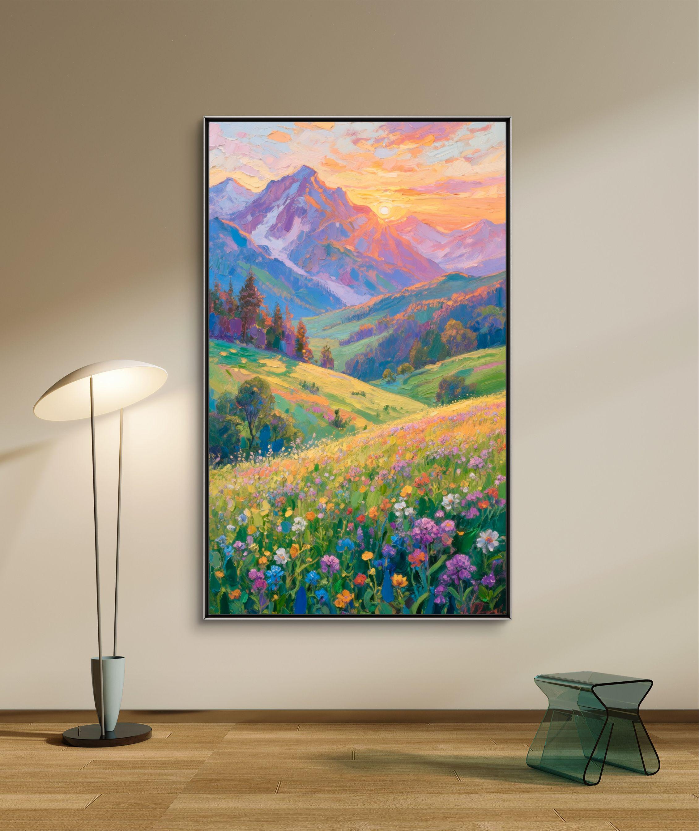 テクスチャのある山の風景油絵：3D花畑アート - Etsy 日本
