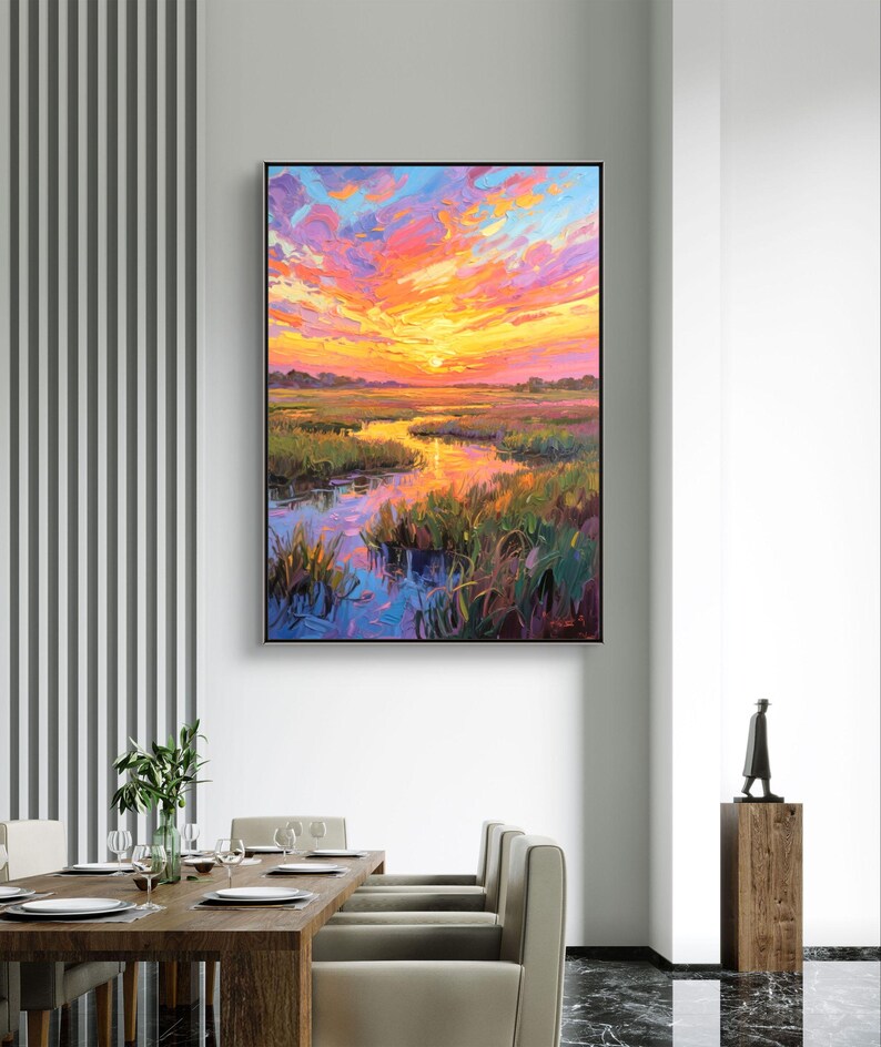 Textured Sunset Oil Painting: 3D Wetland Landscape Art on Canvas - Etsy