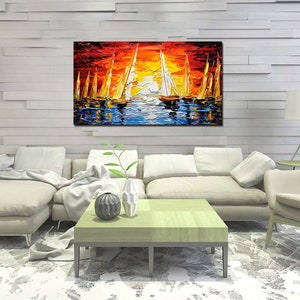 Large Sailboat Oil Painting On Canvas Colorful Ocean Painting marina Landscape Painting Living Room Wall Art Summer Decor image 8