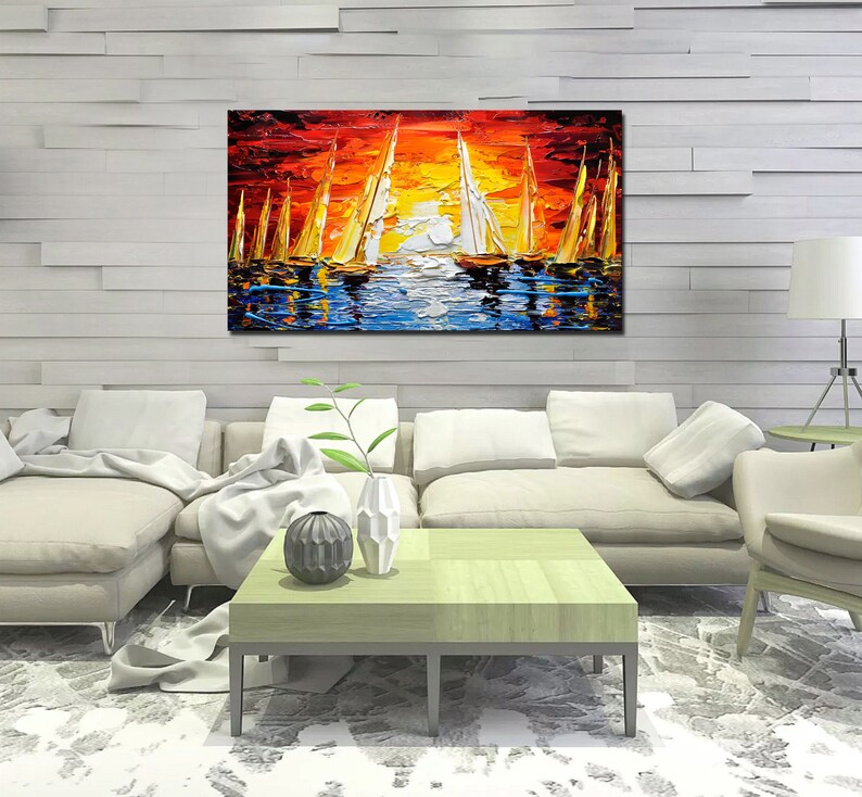 Large Sailboat Oil Painting On Canvas Colorful Ocean Painting marina Landscape Painting Living Room Wall Art Summer Decor image 8