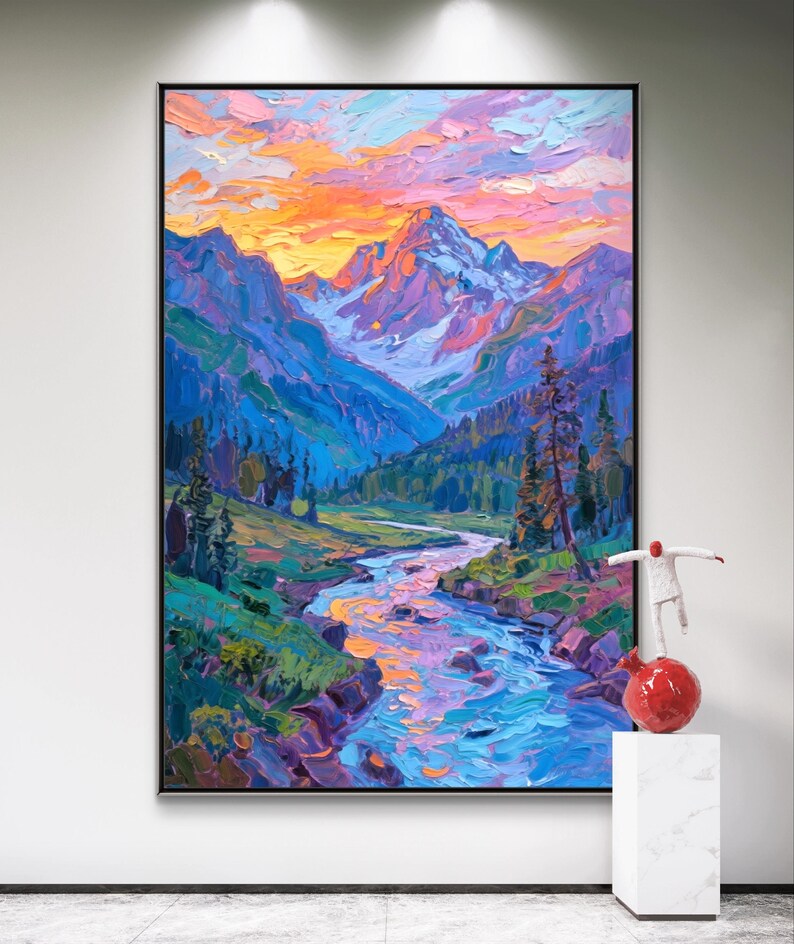 Textured Mountain River Oil Painting on Canvas, Colorful Landscape Art ...