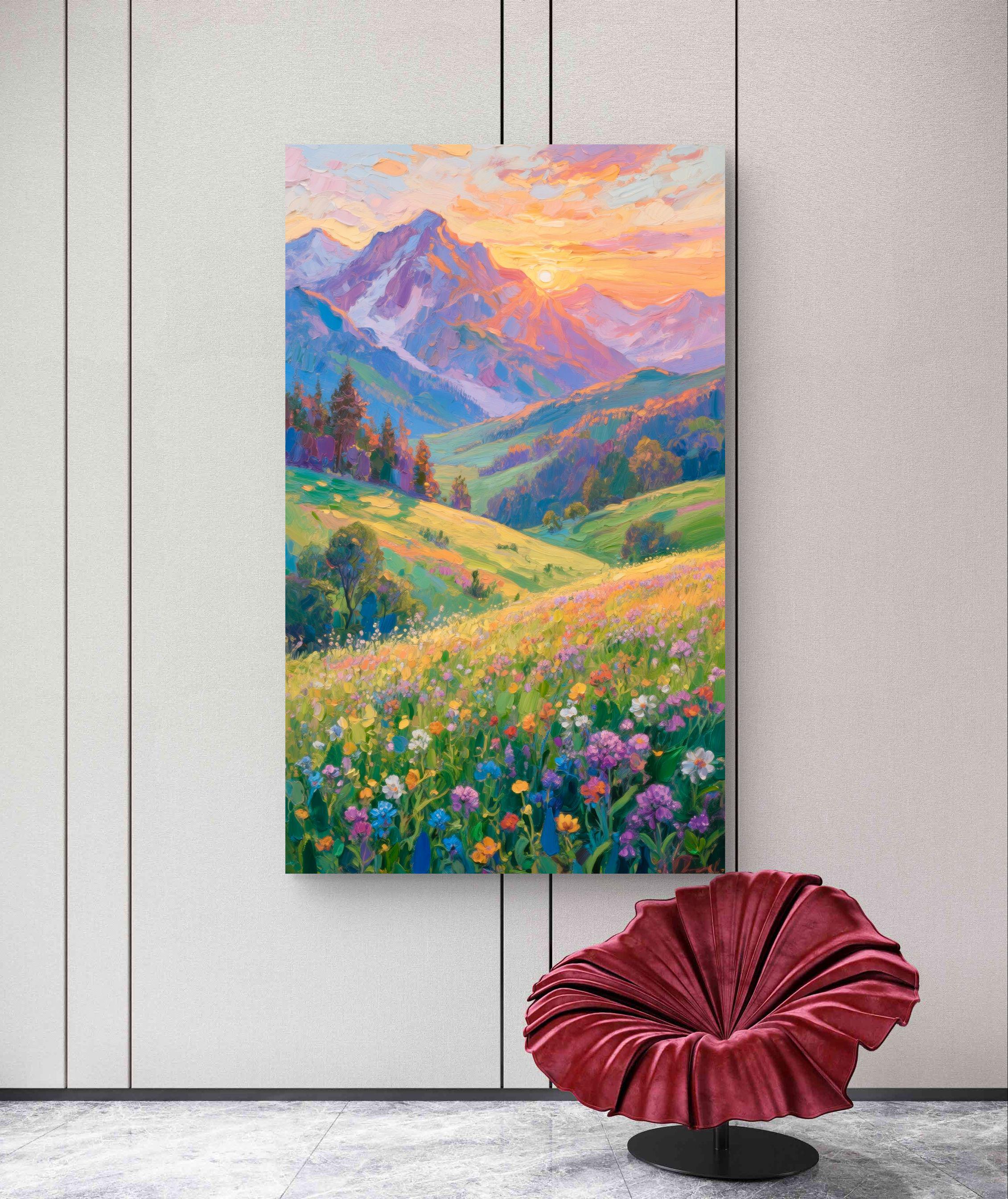 テクスチャのある山の風景油絵：3D花畑アート - Etsy 日本