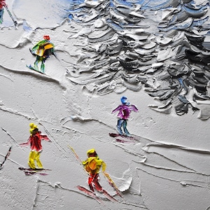 Original Skiing Painting: Textured Mountain Art on Canvas (24x46 inch) image 10