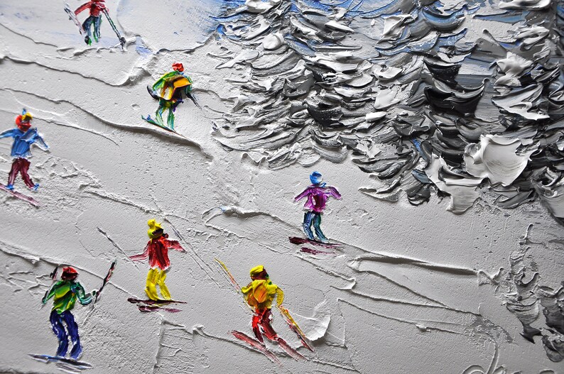 Original Skiing Painting: Textured Mountain Art on Canvas (24x46 inch) image 10