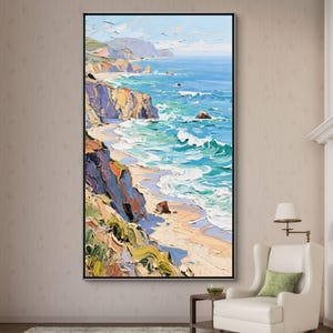 Puede incluir: Pintura al &oacute;leo enmarcada en negro que representa un paisaje costero. La obra muestra el encuentro del oc&eacute;ano con la costa, con acantilados y olas representados con pinceladas texturizadas. La paleta de colores incluye azules, verdes y amarillos.