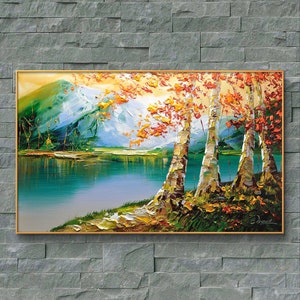 Abstract Landscape Oil Painting On Canvas, Large Wall Art,Original Tree Painting River Landscape Art,Custom Painting,Living Room Decor