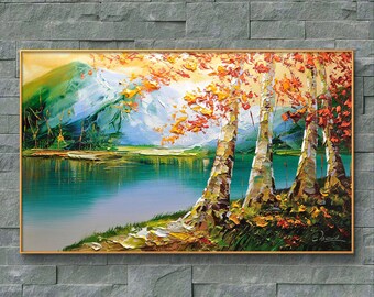 Abstract Landscape Oil Painting On Canvas, Large Wall Art,Original Tree Painting River Landscape Art,Custom Painting,Living Room Decor