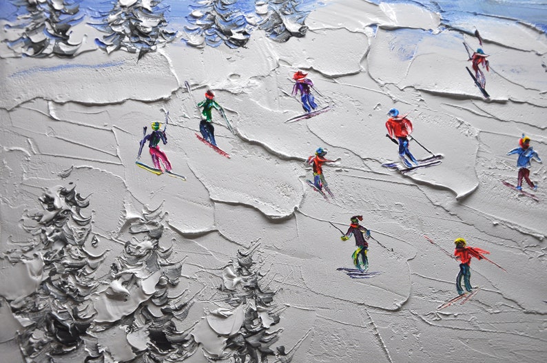 Original Skiing Painting: Textured Mountain Art on Canvas (24x46 inch) image 8