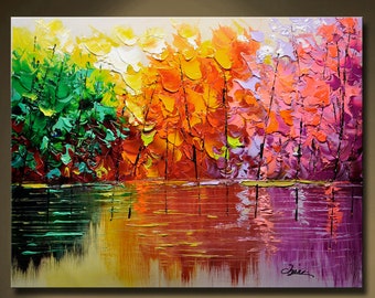 Knife Abstract art canvas original oil painting on canvas,Landscape Colorful Forest Painting,Living Room Wall Art, Textured Impasto Painting