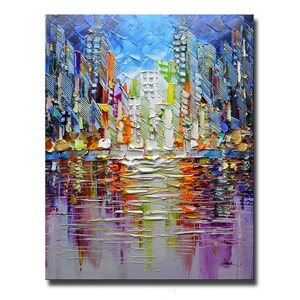 Puede incluir: Pintura abstracta de un horizonte urbano con edificios coloridos reflejados en una masa de agua. La pintura est&aacute; realizada en un estilo impasto grueso, lo que le da un aspecto texturizado.