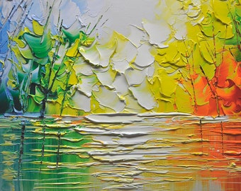 在庫処分 激安 川の風景画 オリジナル油絵 キャンバス 秋の絵画 木々 壁アート 絵画
