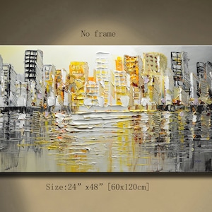 Textured Cityscape Painting: Modern Colorful Skyline Art (24x48 in)