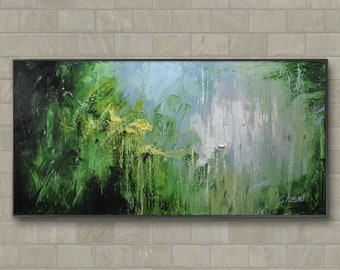 abstract art green ,Acrylic Painting - Vivid  green Colors , Unique Design, art for Living Room, Office Decoration or  Gift