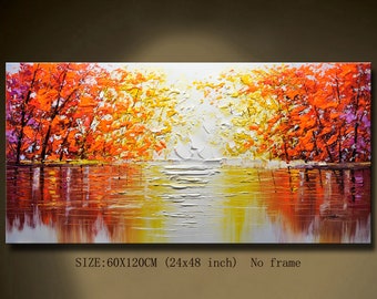 Red trees lake landscape Textured  wall art abstract artwork  bright color painting bedroom painting gift nature home decor