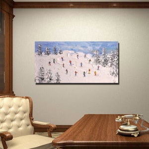 Original Skiing Painting: Textured Mountain Art on Canvas (24x46 inch) image 6