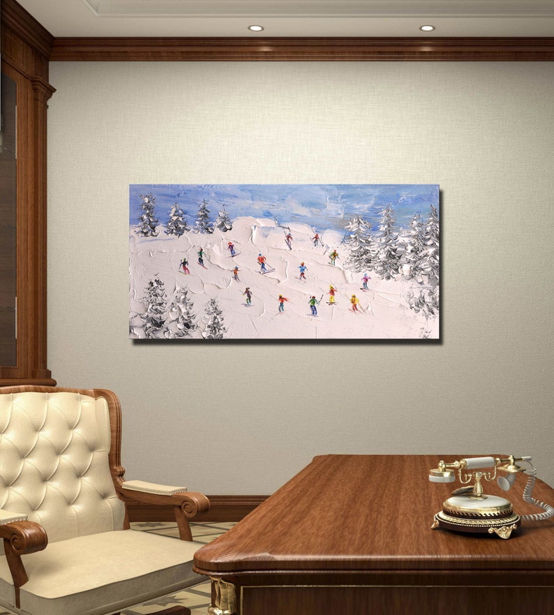 Original Skiing Painting: Textured Mountain Art on Canvas (24x46 inch) image 6