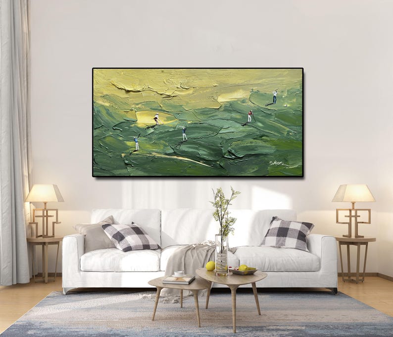 Golfkunst met textuur, groen paletmesschilderij, modern sportdecor afbeelding 10