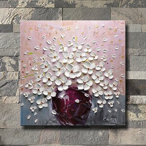 Colorful Flower Painting on Canvas,White Flower,Abstract Wall Art Hand Paint, Palette Knife Painting,Heavy Textured Painting,Living Room Art