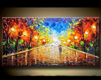 May include: A colorful oil painting depicting a couple walking under an umbrella in a park with trees and a reflective pond. The painting features vibrant colors, including red, orange, yellow, green, blue, and white.