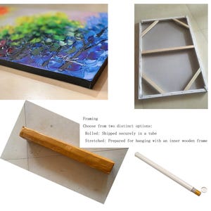 Puede incluir: Primer plano de una pintura al &oacute;leo texturizada con tonos azules, verdes y morados. La pintura est&aacute; estirada sobre un marco de madera. La imagen tambi&eacute;n muestra la parte posterior del lienzo enmarcado y un lienzo enrollado en un tubo.