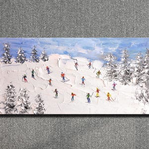 Original Skiing Painting: Textured Mountain Art on Canvas (24x46 inch) image 1