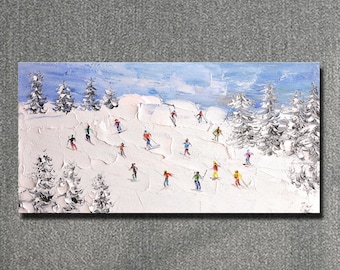 Pintura original de esquí: arte de montaña texturizado sobre lienzo (61 x 117 cm)