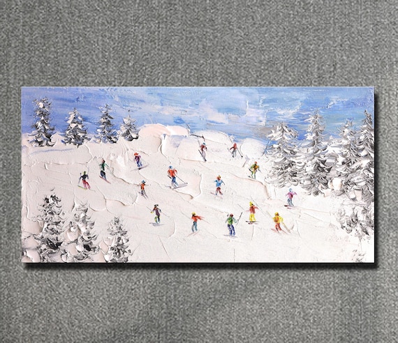 Original Skiing Painting: Textured Mountain Art on Canvas (24x46 inch)