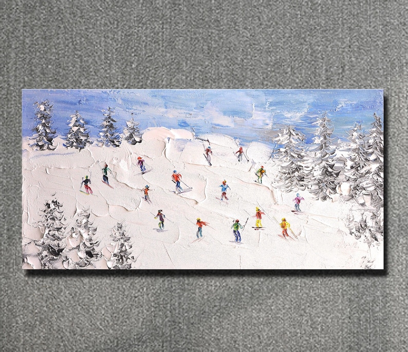 Original Skiing Painting: Textured Mountain Art on Canvas (24x46 inch) image 1