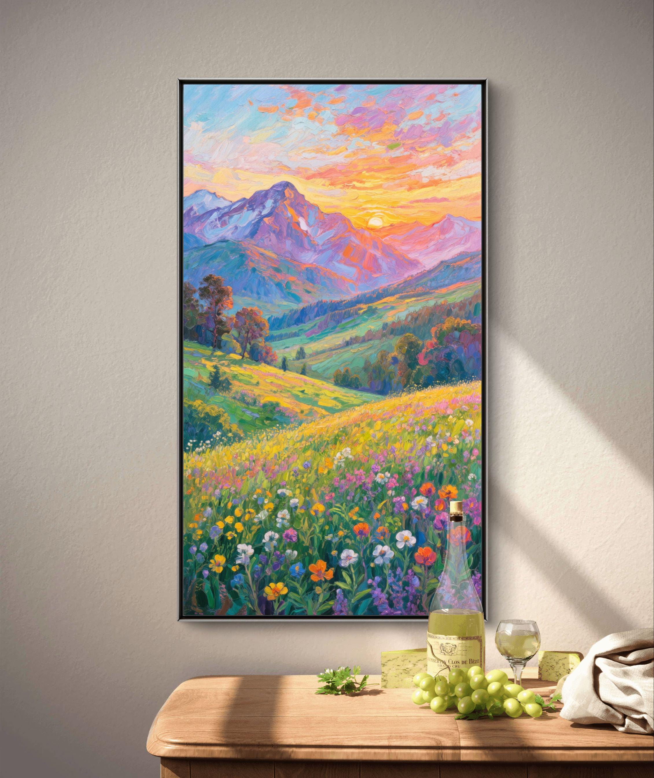 テクスチャのある山の風景油絵：3D花畑キャンバスアート - Etsy 日本