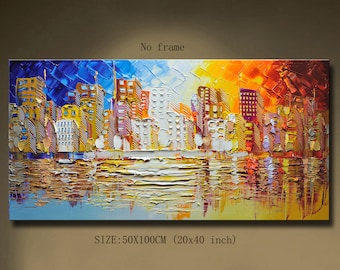 Pintura al óleo de paisaje urbano texturizado: arte abstracto urbano para pared