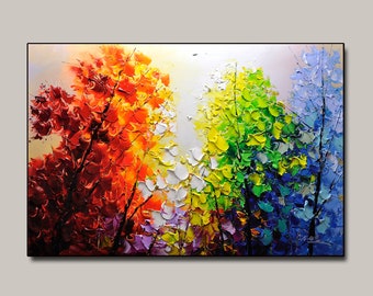40x60 Inches,large colorful wall art Natural Forest paintings on canvas,Living Room unique wall art Textured Impasto Painting,painting gift