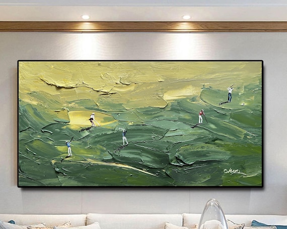 Textured Golf Art, Green Palette Knife Painting, Modern Sport Decor