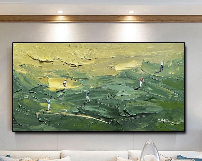 Golfkunst met textuur, groen paletmesschilderij, modern sportdecor afbeelding 1