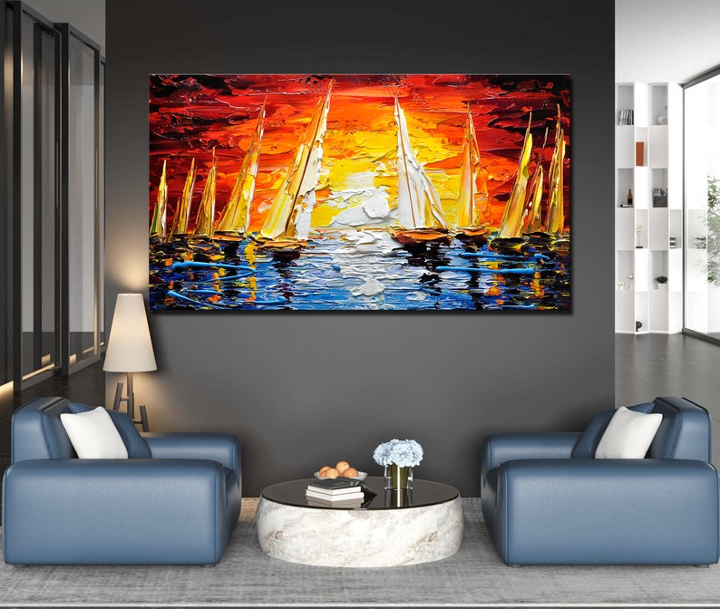 Large Sailboat Oil Painting On Canvas Colorful Ocean Painting marina Landscape Painting Living Room Wall Art Summer Decor image 6