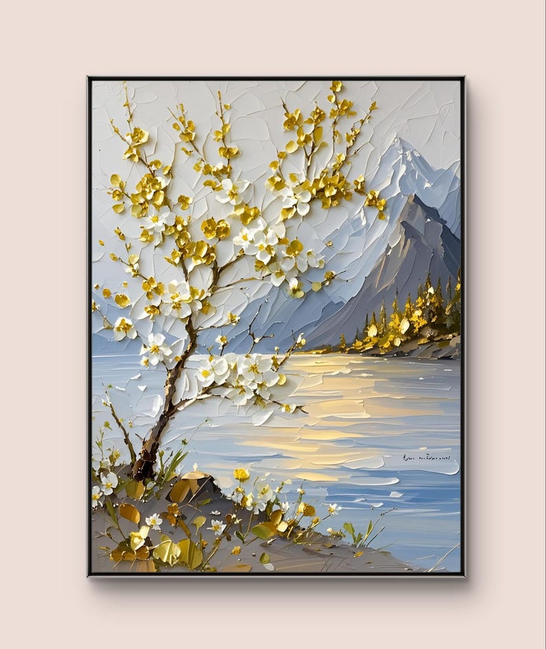 3D Textured Floral Painting Gold Foil, Blooming White Flowers - Etsy