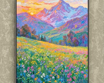 テクスチャのある山の風景油絵：3D花畑キャンバスアート - Etsy 日本