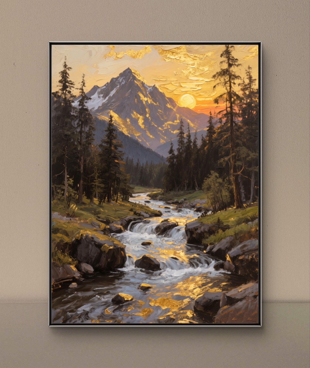 Textured Mountain Landscape Oil Painting 3D Textured River Nature Wall ...