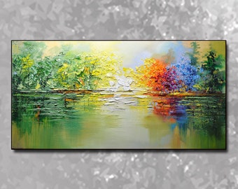 3D Original Green Forest Oil Painting on Canvas Abstract Textured Wall Art Nature Landscape Wall Art Living Room Decor  Painting  gift