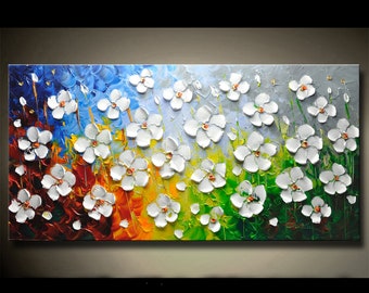 Original Flower Textured Wall Art 3D Abstrat Painting On Canvas Wall Decor Living Room Soft Color Colorful Floral Boho Canvas Art