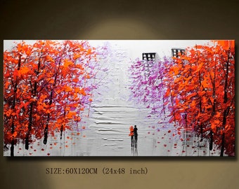 Original  Forest Landscape Oil Painting on Canvas,Large Abstract Colorful Textured red Tree Acrylic Wall Art Modern Living Room Home Decor