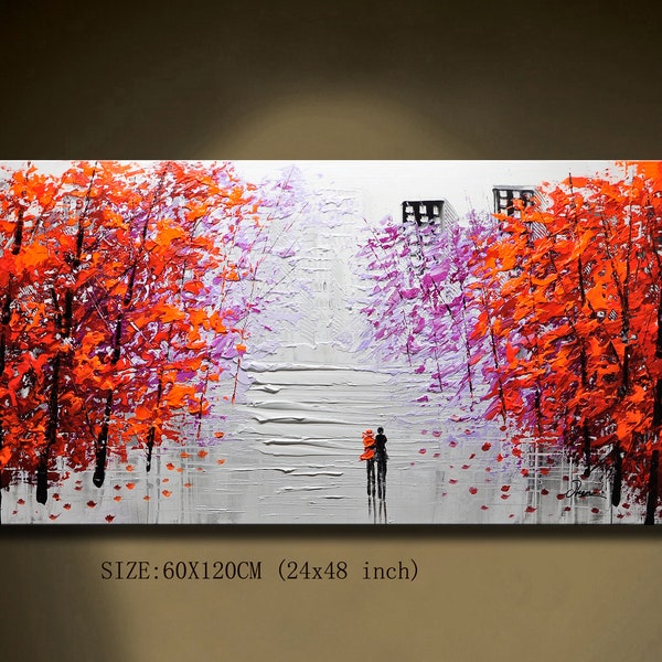 Rote Baum Straße Ölgemälde: Strukturierte Herbst Leinwand Wandkunst