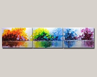 3 Panels Colorful Vivid Forest Art   Long Canvas Wall Art  Over the Bed Bedroom Wall Decor, Nature Art Decor Custom Gift Painting