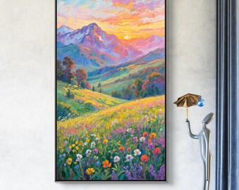 テクスチャのある山の風景油絵：3D花畑キャンバスアート - Etsy 日本