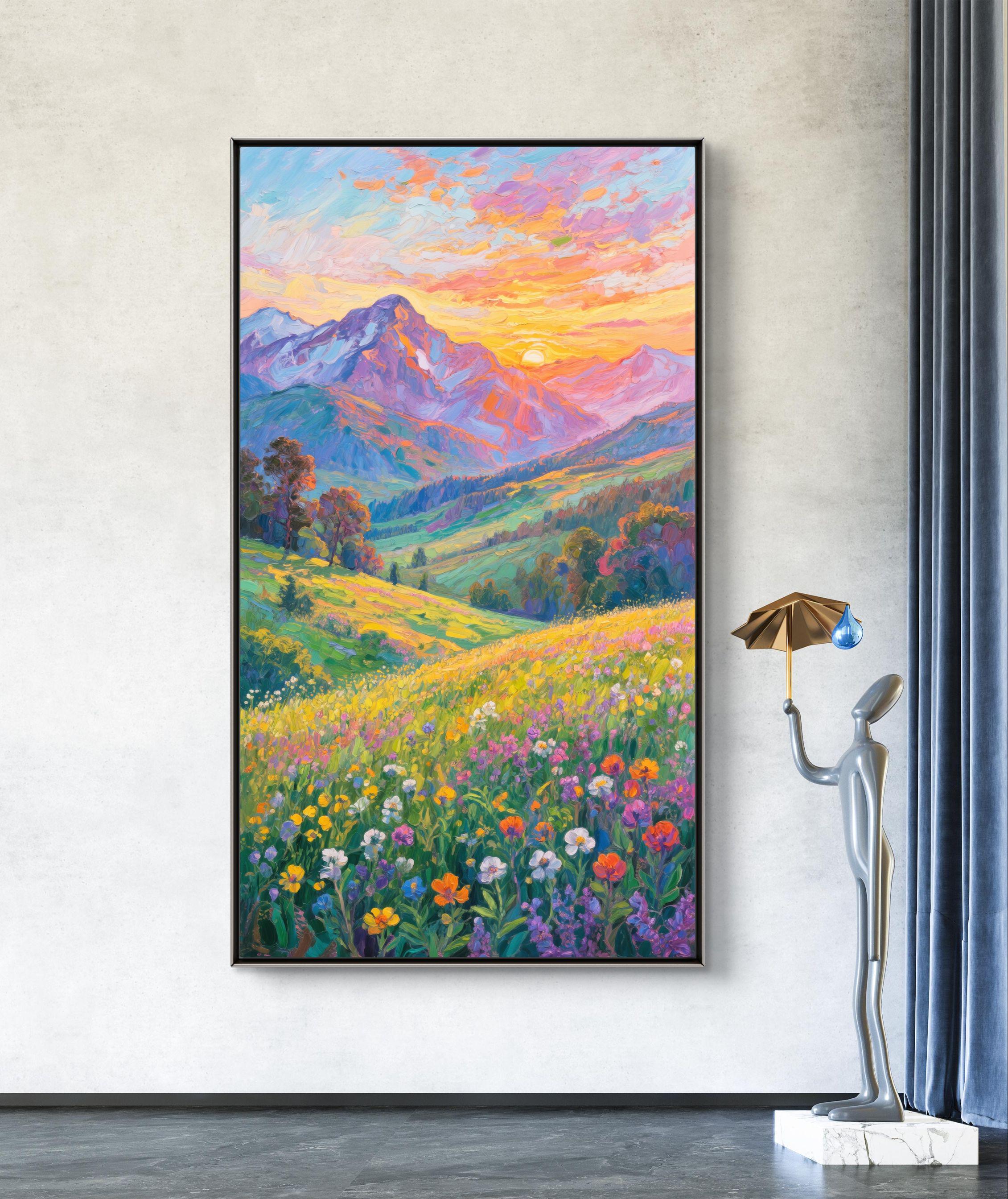 テクスチャのある山の風景油絵：3D花畑キャンバスアート - Etsy 日本